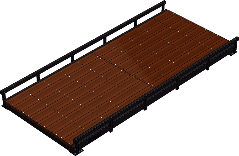 A three-quarter view render of an eight foot by twenty foot bolt-together kit bridge with a full height handrail down one side, a bump rail down the other, and timber decking.