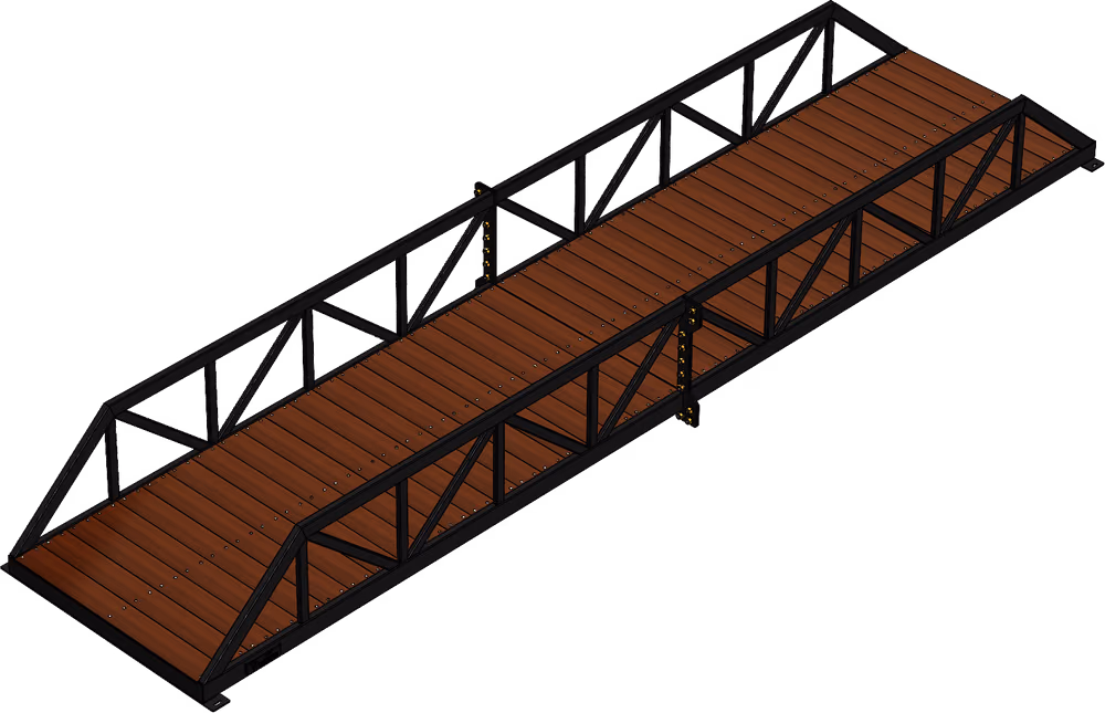 A three-quarter view render of an eight foot by forty foot utility truss bridge with a forty two inch truss and timber deck.