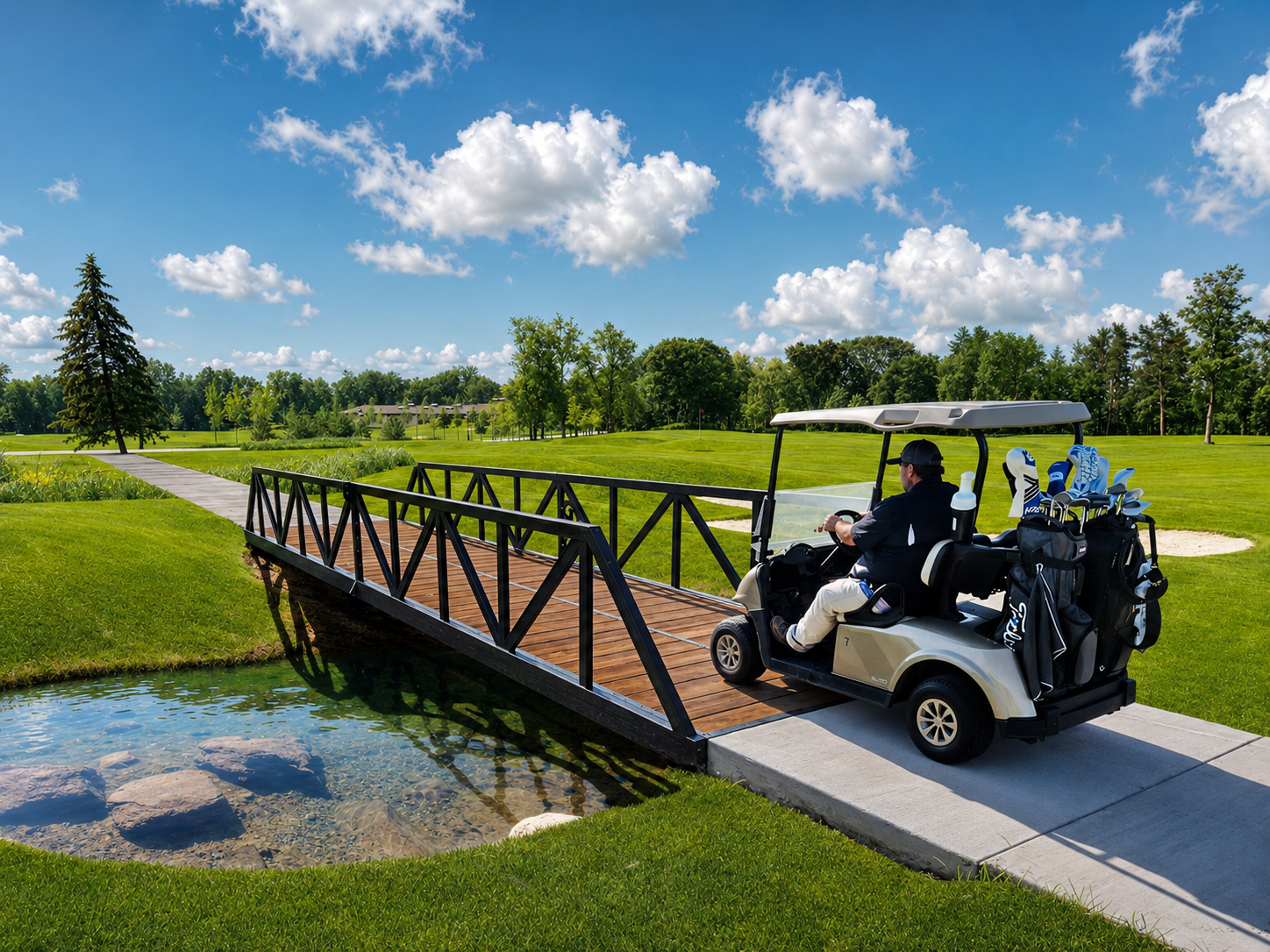 Pratt truss golf bridge with wooden deck over a creek